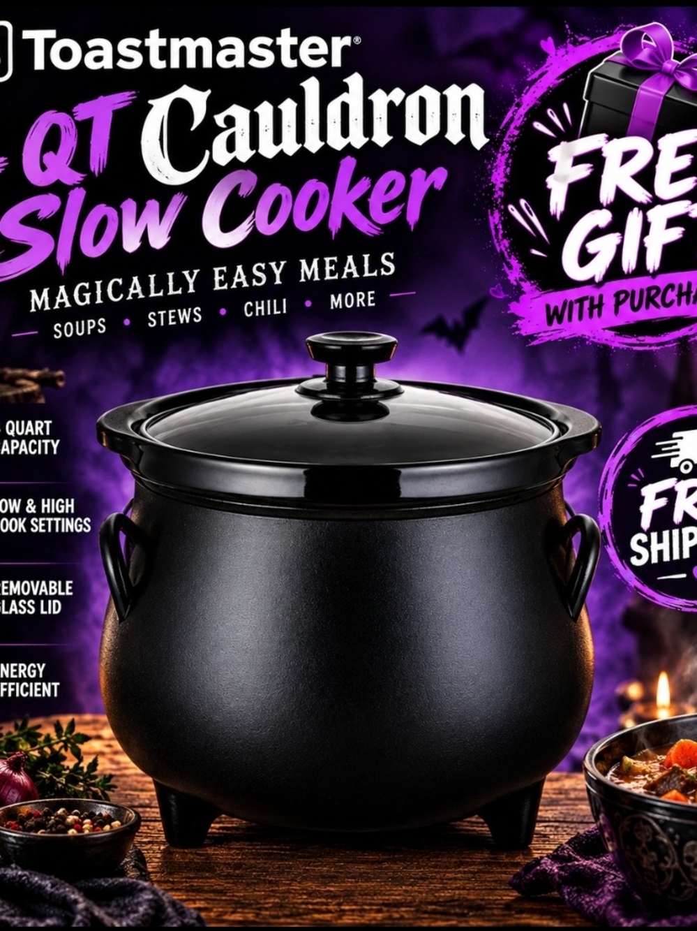 *FREE GIFT & SHIPPING* Toastmaster 4 QT Cauldron Slow Cooker Crock Pot Halloween